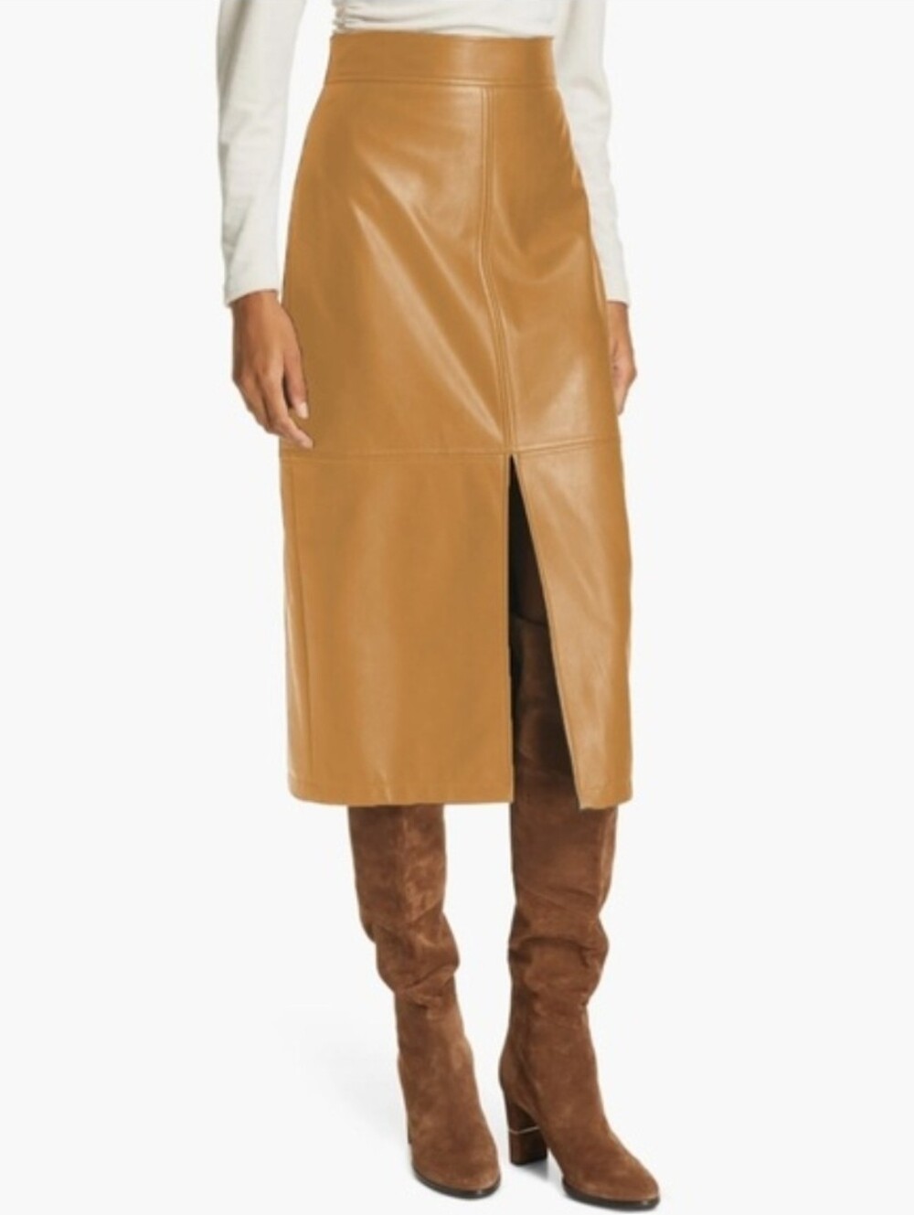 A.L.C. Tan Moss Vegan Faux Leather Slit Midi Skirt